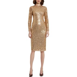 Mac Duggal Beaded Georgette Long Sleeve Fitted Midi Dress in Antique Gold at Nordstrom, Size 8