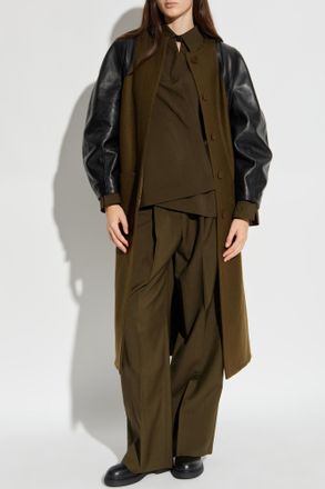 Fendi Wool Coat With Leather Sleeves, Womens, Green