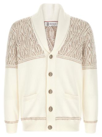 Brunello Cucinelli Beige Jacquard Shawl Neck Cardigan