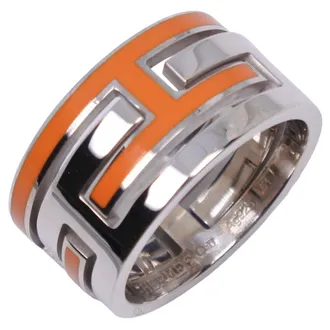 Herm&egrave;s Silver Orange Enamel Silver 925 Band Ring (Pre-Owned)