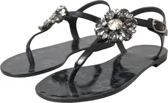 Dolce & Gabbana Womens Black Crystal Flats Sandals Flip Flops Shoes Rubber Leather