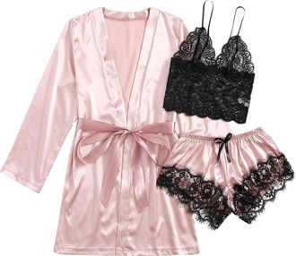 Generic Womens 3-Piece Nightwear Set, Robe + Nightdress + Underwear, Soft Lace, Luxurious and Cozy, Ideal for Relaxation Sexy Nightwear for Women