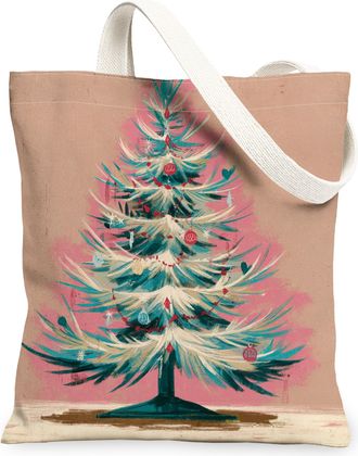 Generic Christmas Tree Canvas Tote Bags, Festive Vintage Art Design Lightweight Washable Grocery Bags for Holiday Travel Shopping, Peach, 13x15 Inch