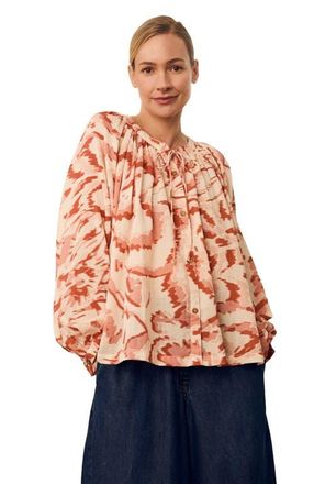 Celtic & Co. Long Sleeve Tie Neck Swing Shirt in Ecru Blurred Floral at Nordstrom, Size 14