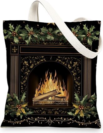Generic Aesthetic Merry Christmas Fireplace Canvas Tote Bag for Shopping 13x15, Magic Xmas Cool Reusable Grocery Print Bag for Women Men, Holiday New Year Aes