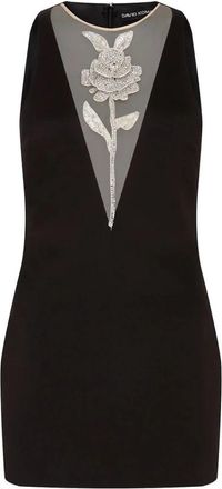 DAVID KOMA Crystal Rose Satin Mini Dress - Dames - Feestkleedjes - Zwart - L - Polyester - Kleedjes