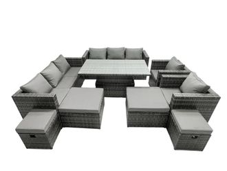 Fimous Rattan Dining Table Sofa Set with 4 Stools Outdoor 12 Seat in Dark Grey