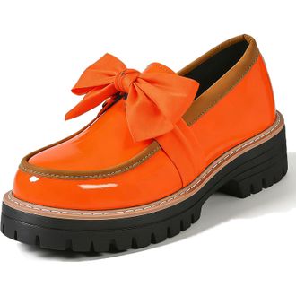 Generic Womens Patent Loafers Wide Width, Elegant Bow Loafers for Women Chunky Platform Loafer Casual Comfortable Dress Shoes (Orange,7.5)