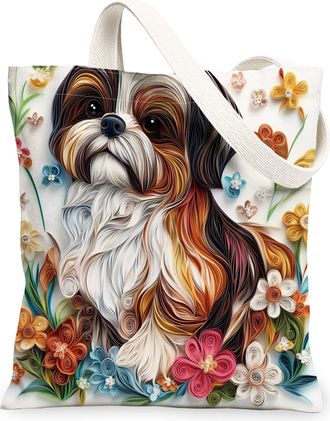 Generic Paper Quilling Shih Tzu Dog Canvas Tote Bag for Shopping 13x15, Fun Wildflower Puppy Reusable Grocery Print Pattern Bag for Women, Pet Beach Aesthetic