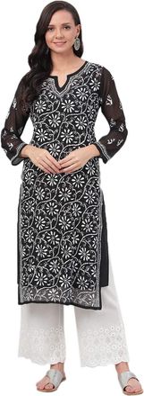 ADA Indian Hand Embroidered Chikankari Straight Georgette Kurti Kurta with Slip for Women A131880 (Black, XL)