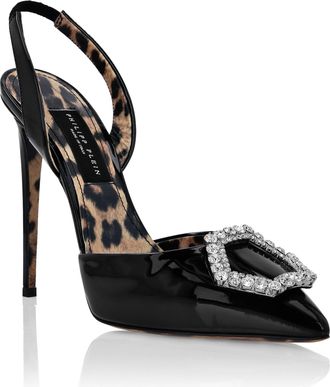 Philipp Plein Patent Leather Decollete slingback Hi-Heels Crystal Hexagon