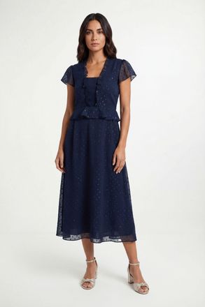 Wallis Womens Metallic Polka Dot Ruffle Midi Dress - Navy - Size 16 UK