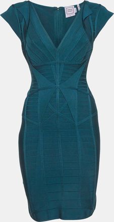 H&eacute;rve L&eacute;ger Teal Stretch Knit Bandage Mini Dress
