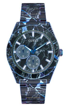 Guess Marbled Multifunction Bracelet Watch, 44mm in Black/blue Marble at Nordstrom