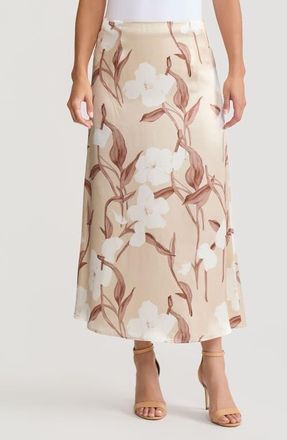 Misook Flared Floral Print Silk Maxi Skirt in Biscotti/charmeuse at Nordstrom, Size Xx-Large