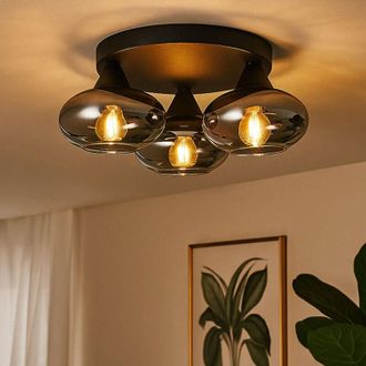 Globo Lighting Lampada da soffitto in vetro fum&eacute; lampada da soggiorno lampada da soffitto palla di vetro rotonda camera da letto, metallo nero, 3x E14, DxH 39x15 cm