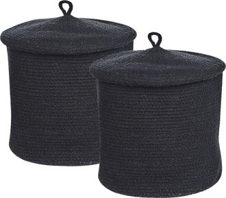 Beliani Beliani - Conjunto De 2 Cestas De Algod&oacute;n Negro 32 Cm Patr&oacute;n A Rayas Tapa Accesorio Silopi
