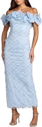 Mac Duggal Off The Shoulder Embellished Dress With 3D Flower Detail in Powder Blue at Nordstrom, Size 14