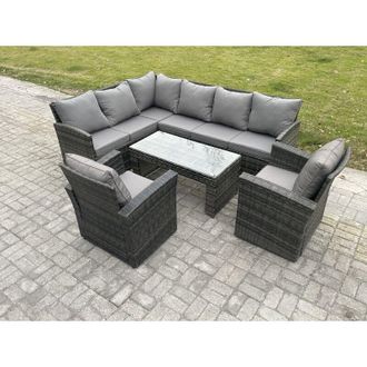 Fimous 8 Seater Outdoor Rattan Garden Furniture Set Corner Sofa Oblong Coffee Table Sets with Patio 2 Armchairs Dark Grey Mixed - Fimous