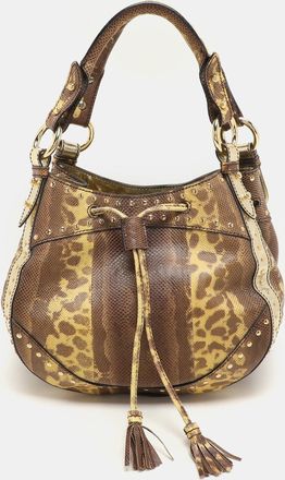 Roberto Cavalli Yellow/brown Foil Leather And Karung Leather Tassel Drawstring Hobo