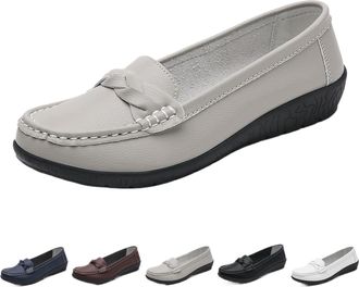 Generic Comfortable Walking Flat Leather Loafers, Comfortable Dressy Wide Fit Slip on Wedge Loafers Orthopedic Driving Shoes (Grey,7.5)