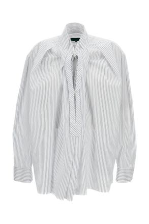 JEJIA Vertical Striped Cotton Shirt with Deep V-Neckline
