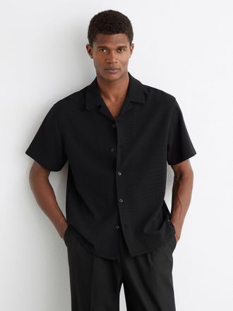 Reiss Black Textured Cuban-collar Shirt, S