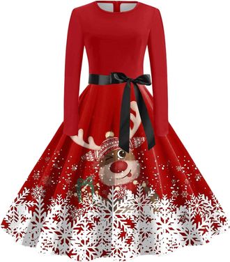 Generic Christmas Dresses for Women Xmas Print Long Sleeve Crew Neck Dress Ladies Elegant A Line Christmas Costumes for Holiday Party