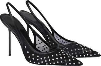 Generic Women Mesh High Heel Sandals Pointed Toe Rhinestone Back Strap Holiday Party Dress Shoes Black