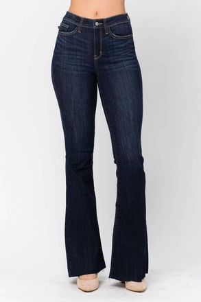 Judy Blue High Waist Raw Hem Flare Jeans In Dark Blue