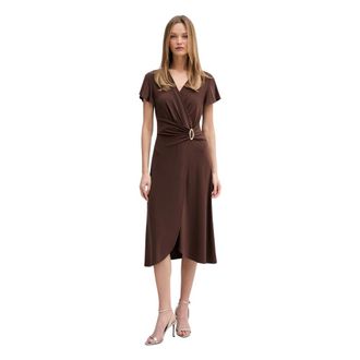 Joseph Ribkoff Midi-jurk met ceintuur en overslag - Dames - Wikkelkleedje - Bruin - 4XL - Kleedjes