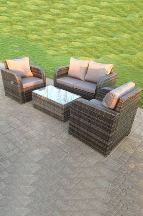Fimous Wicker Garden Furniture Set Love Sofa Reclining Chair Outdoor Rectangular Coffee Table 4 Seater in Dark Grey