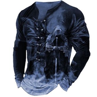 Generic Mens Long Sleeve T Shirt Mens Medieval Shirt Gothic Mens Tops Mens Medieval Tops Men T Shirts Casual (Blue, L)