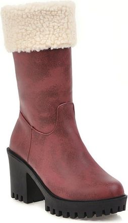 Generic Womens Side Zipper Mid Calf Winter Snow Boots Round Toe Block Heel Platform Warm Outdoor Party Shoes (7.5,Red)