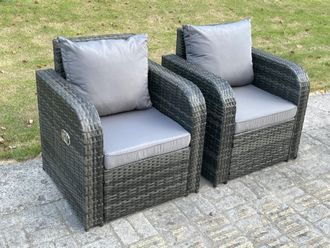 Fimous 2 PC Dark Grey Mixed Curved Rattan Adjustable Reclining Arm Chair Sofa Outdoor Garden Furniture Accesory