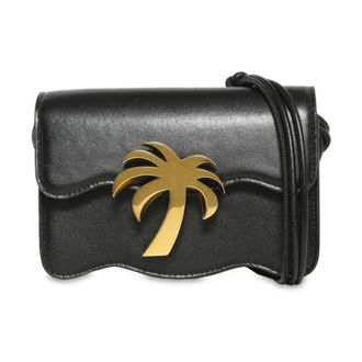 Palm Angels Tassen, Dames, Zwart, ONE Size, Leer, Zwarte Schoudertas met Gouden Logo