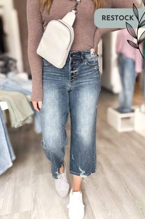 Judy Blue High Waist Button Fly Wide Leg Crop Denim In Medium Wash