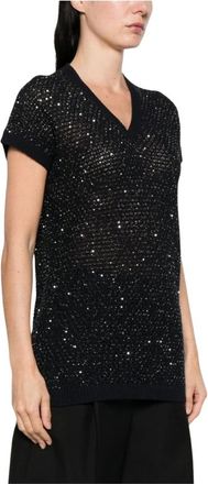 Fabiana Filippi V-neck Knitwear, female, Blue, Size: XS V-neck Embellished T-shirt