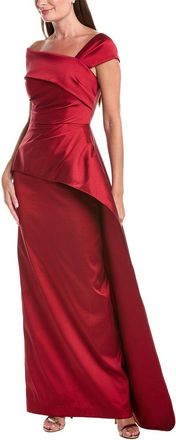 Teri Jon by Rickie Freeman Stretch Gazar Asymmetrical Neck Ruched Peplum Gown