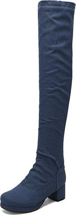 Generic Womens Fashion Denim Over The Knee Boots with Zipper Comfort Round Toe Block Heel Warm Winter Shoes (5.5,Deep Blue)