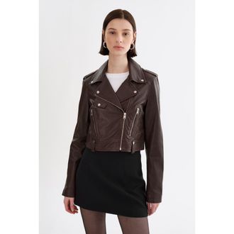 LaMarque Ciara | Cropped Leather Biker Jacket in Dark Brown at Nordstrom, Size Xx-Small