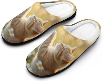 Generic Cat Butterfly Daisy Flowers Mens Soft Cotton Slippers with Memory Foam Anti-skid House Shoes for Travel Indoor Outdoor