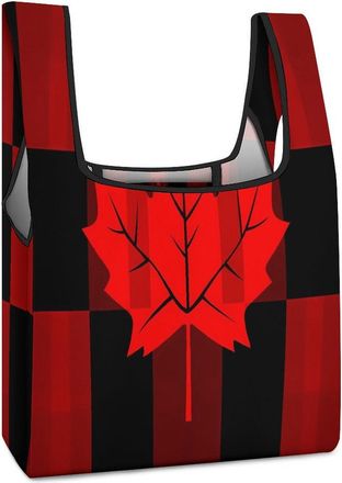 Generic Canada Plaid Flag Maple Reusable Shopping Bags Lightweight Foldable Grocery Bag Polyester Washable Tote Bag