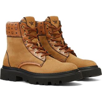 MCM Male Ankle Boots in Nubuck and Monogram Print Leather in Cognac & Offwhite at Nordstrom, Size 43