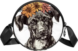 Generic Circle Crossbody Bag for Women, Dog Flowers Small Sling Bag Daypack with Zipper Adjustable Shoulder Straps Casual Ladies Girls Round Purse