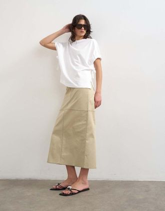 Topshop Gonna midi a colonna color pietra con cuciture a contrasto-Bianco