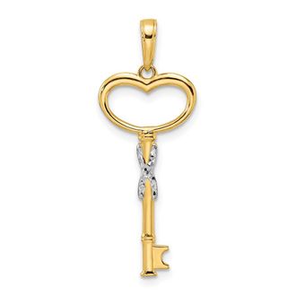 Diamond2Deal 14k Yellow Gold White Rhodium Diamiond-cut Heart Key Pendant