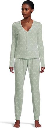 Honeydew Intimates Cabin Comfort Cardigan Pants Womens Pajama Sets Ice Mint Trees : MD, Polyester/Spandex
