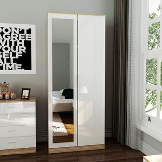 Elegant Lighting Wardrobe and Cabinet Furniture Set Bedroom 2 Doors Wardrobe with Mirror and 4 Drawer Chest and Bedside Cabinet High Gloss, White/Oak - Elegant