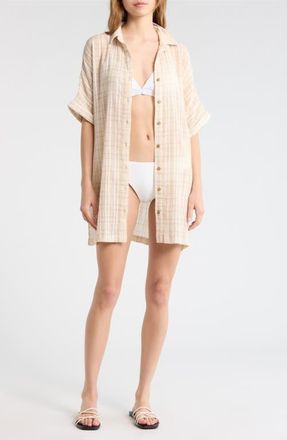 Rip Curl Paradise Check Cover-Up Shirtdress in Off White at Nordstrom, Size Xx-Small